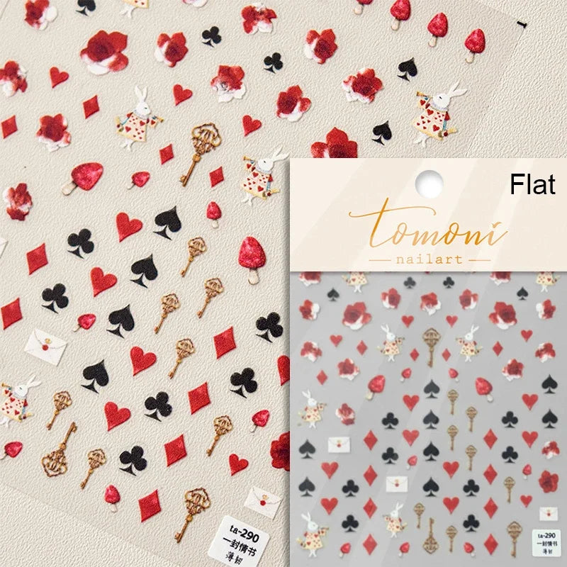 Poker Red Love Heart Square Grid Star Moon Card Pattern Spade Retro 3D Self Adhesive Nail Art Decoration Sticker Manicure Decals (Online Order Only)
