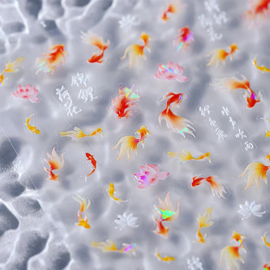 Pink Lotus Flower Red Gold Koi Carp Fish Tail Fancy Carp Self Adhesive Nail Art Decorations Stickers Manicure Decals Wholesale (ONLINE ORDER ONLY)