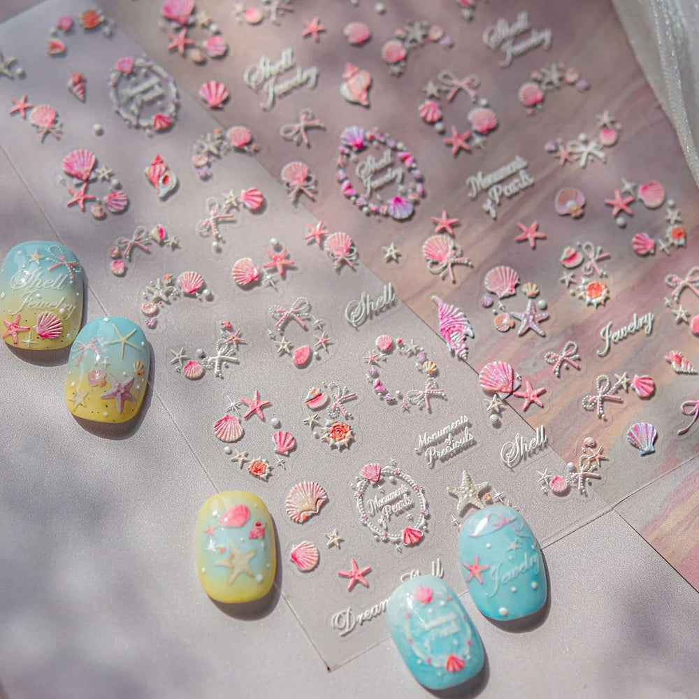 Pink Shell Necklace Starfish Swarm Star Conch Bowknot Dreamy Marine Relief Adhesive Nail Art Decoration Stickers Manicure Decals (ONLINE ORDER ONLY)