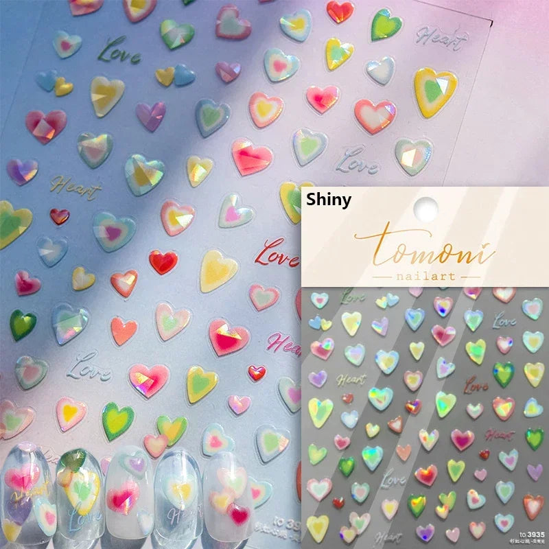 Flat Small Pink Brown Halo Dyeing Love Heart Geometric Leopard Shiny Jelly Chic Embossed Relief Nail Art Stickers Manicure Decal (Online Order Only)