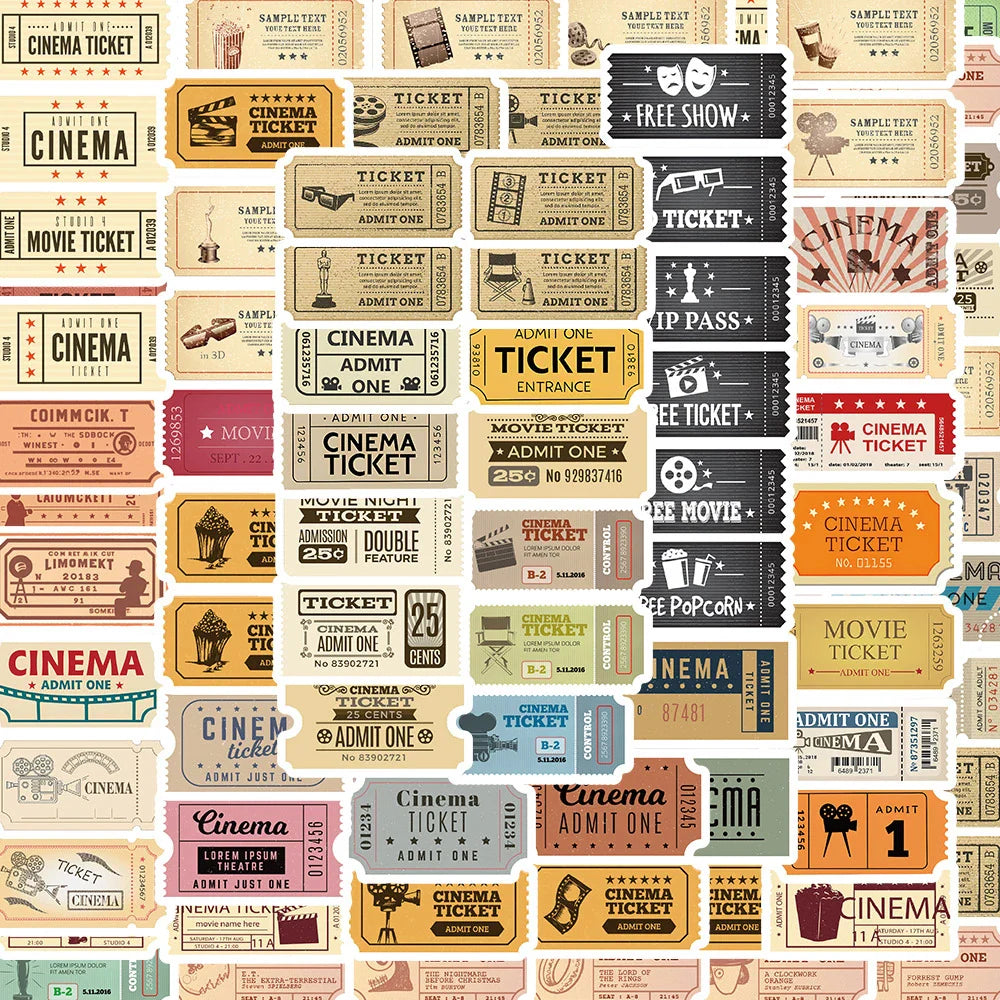 10/40/80pcs Vintage Classic Movie Ticket Stickers Laptop Skateboard Luggage Phone Car Motorcycle Waterproof Sticker Kids Toys (ONLINE ORDER ONLY)