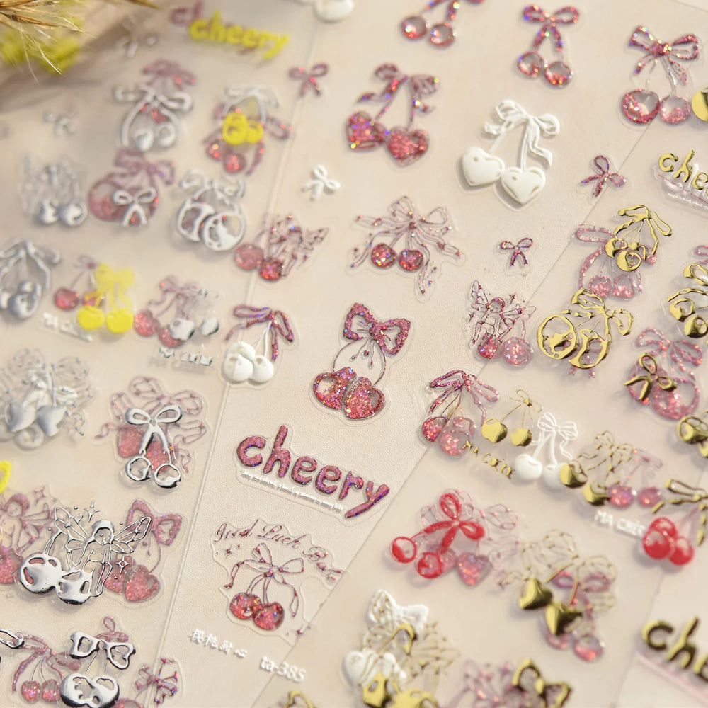 Lovely Red Heart Crystal Cherry Fruit Bowknot Letter Gold Pink Self Adhesive Nail Art Sticker Delicate Rhinestone Manicure Decal (ONLINE ORDER ONLY)