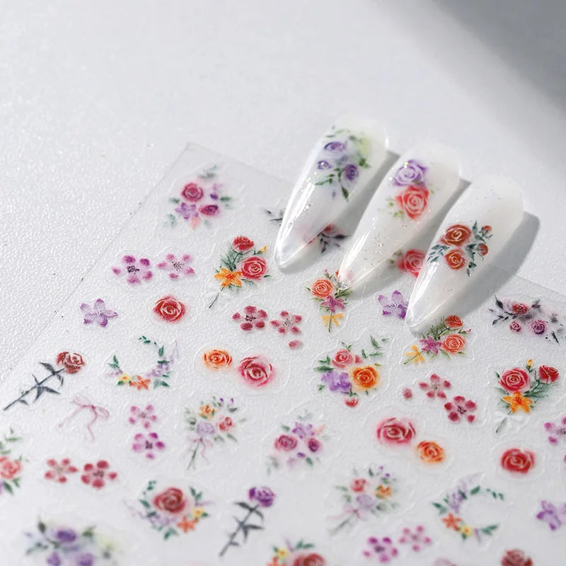 Rose Flower Garden Soft Embossment Adhesive Nail Art Stickers Charming Rhinestone Manicure Decals Nail Supplies for Professional (ONLINE ORDER ONLY)
