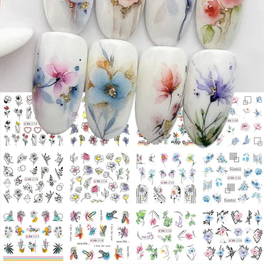 12pcs Geometry Flower Leaf Nail Stickers Line Graffiti Painted Colorful Water Decal Link Blooming Slider for Nail Decoration (Online Order Only)