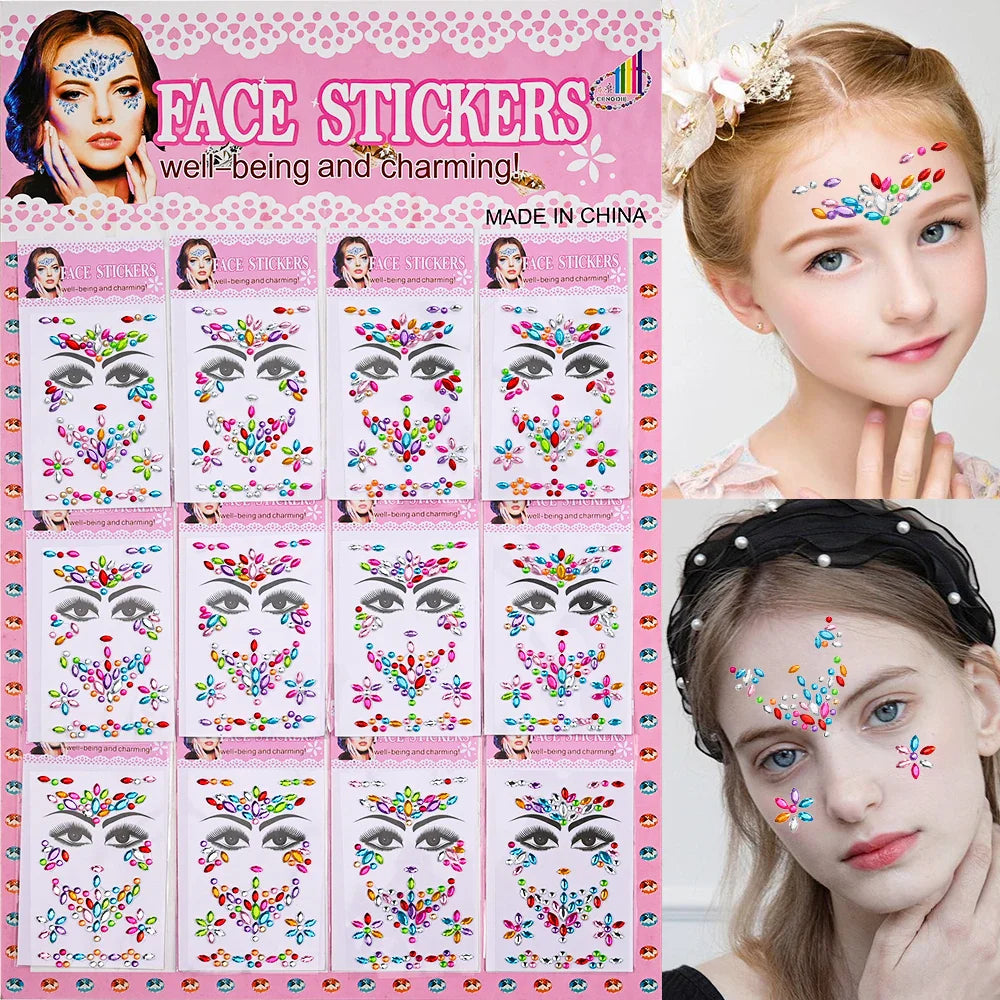 12Pcs 3D Stickers On The Face Rhinestone Makeup Bright Face Art Sticker Girl's Temporary Tattoo Rhinestone For Strasse Makeup &* (Online Order Only)
