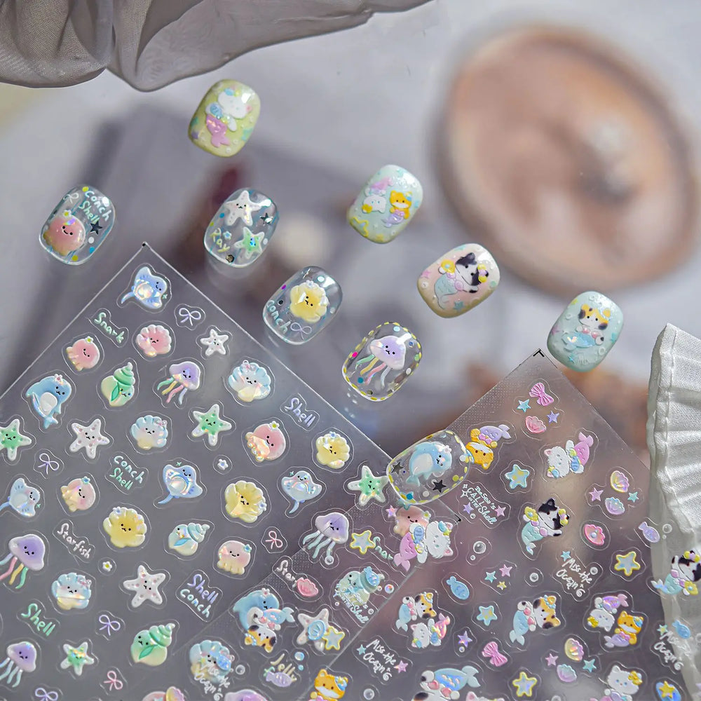 Colourful Ray Jellyfish Otter Cat Mermaid Octopus Starfish Bubbles Conch Shell Bowknot Summer Marine Nail Art Stickers Decals (ONLINE ORDER ONLY)
