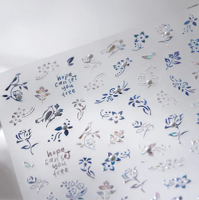 Blue Flower Vivid Bird Hope Can Set You Free Magpie Leaf Pearl Letter Adhesive Nail Art Sticker Aesthetic Beauty Manicure Decal (ONLINE ORDER ONLY)