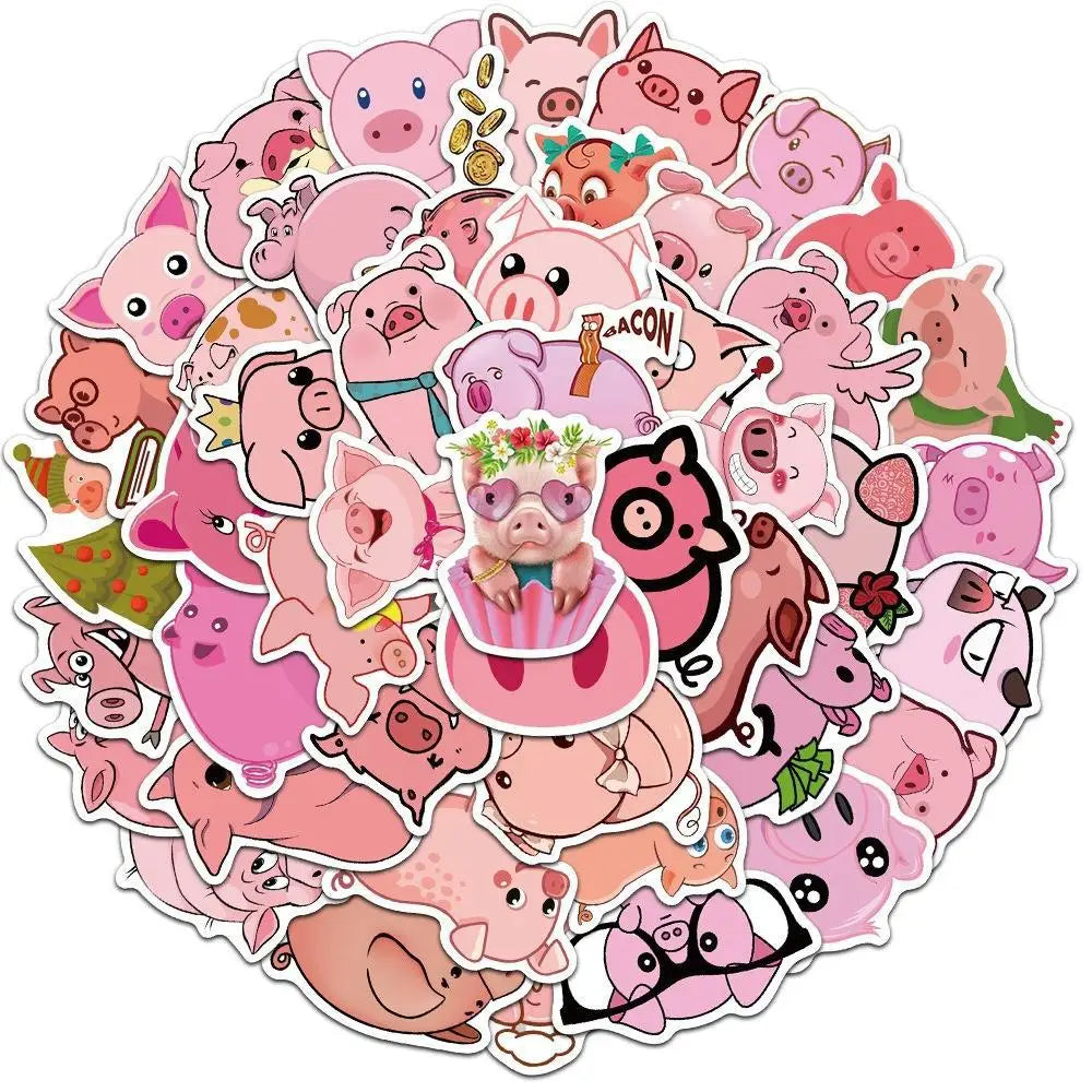 Cartoon Pink Pig Vinyl Stickers for Laptop, Car, Snowboard, Luggage, Fridge (10/30/50/100 Pcs) (ONLINE ORDER ONLY)