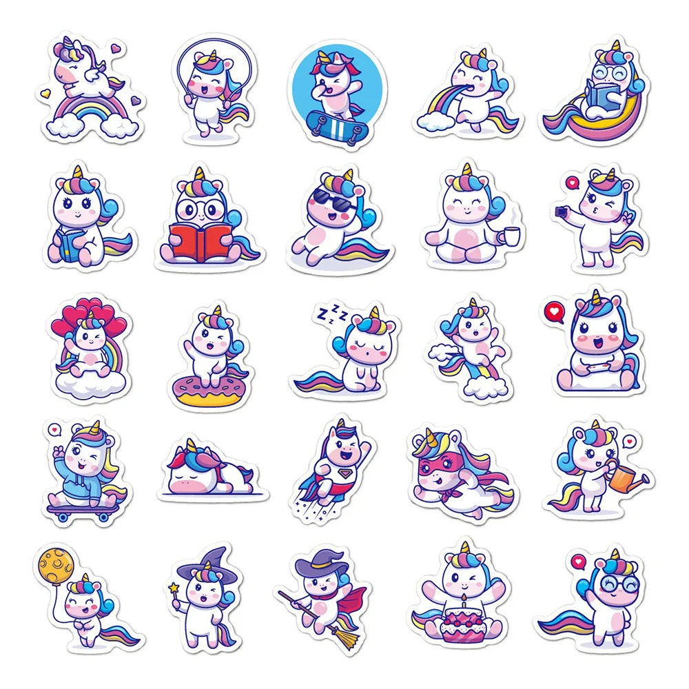 10/30/50PCS Funny Cartoon Unicorn Sticker Decals Gift DIY Phone Scrapbook Suitcase Helmet Car Classic Toys Waterproof Stickers (ONLINE ORDER ONLY)