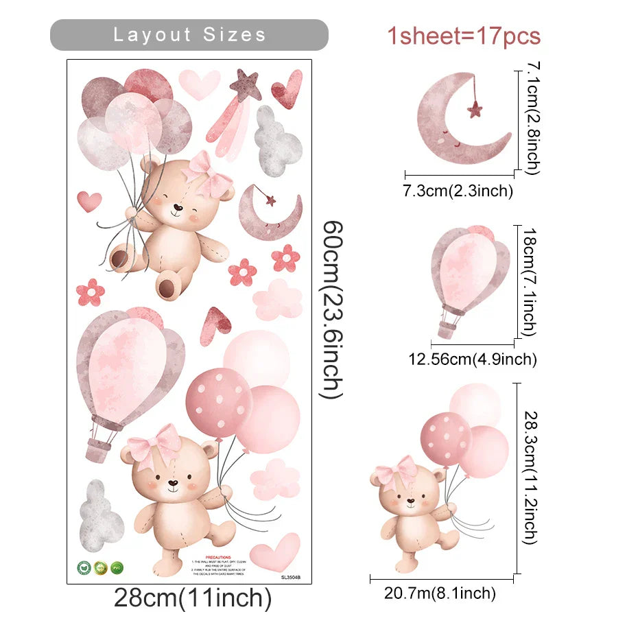 Pink Cartoon Bear Wall Stickers for Kids Nursery Room Decor (ONLINE ORDER ONLY)