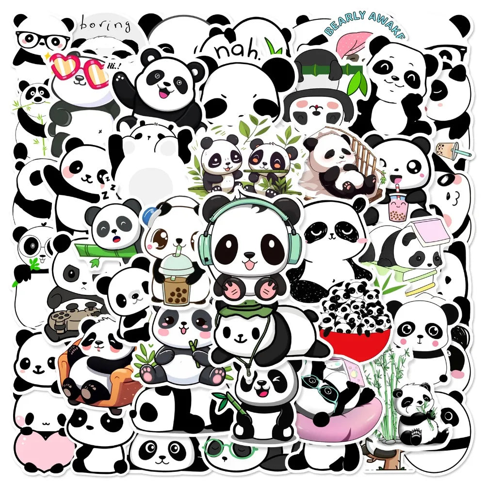 Panda Cartoon Stickers for Luggage, Notebook, Guitar, Laptop, Phone, Water Bottle (10/25/50pcs) (Online Order Only)