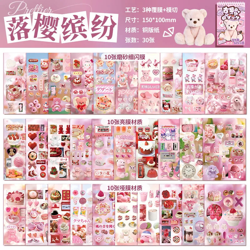30sheets/book Y2K Retro Cute Bear Food Cut Film Sticker for Laptop Phone Camera Journal Scrapbook Kawaii Decoration Sticker Gift (ONLINE ORDER ONLY)