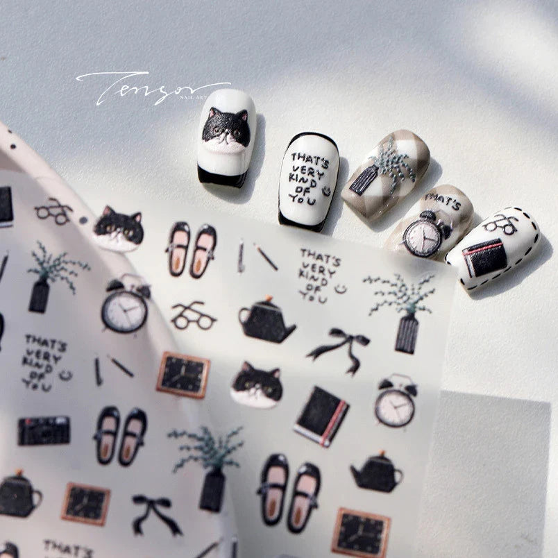 Black Cat Kitten Glasses Camera Timepiece Shoe Notebook Vase Pen Teapot Bowknot Item Adhesive Nail Art Stickers Manicure Decals (Online Order Only)