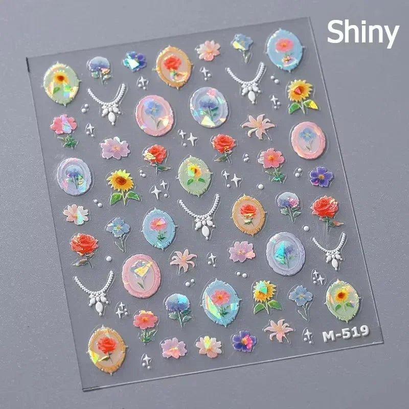 Chic Retro Rose Photo Frame Dried Flower Petal Self Adhesive Nail Art Stickers 5D Hot Stamping Relief Rhinestone Manicure Decals (Online Order Only)