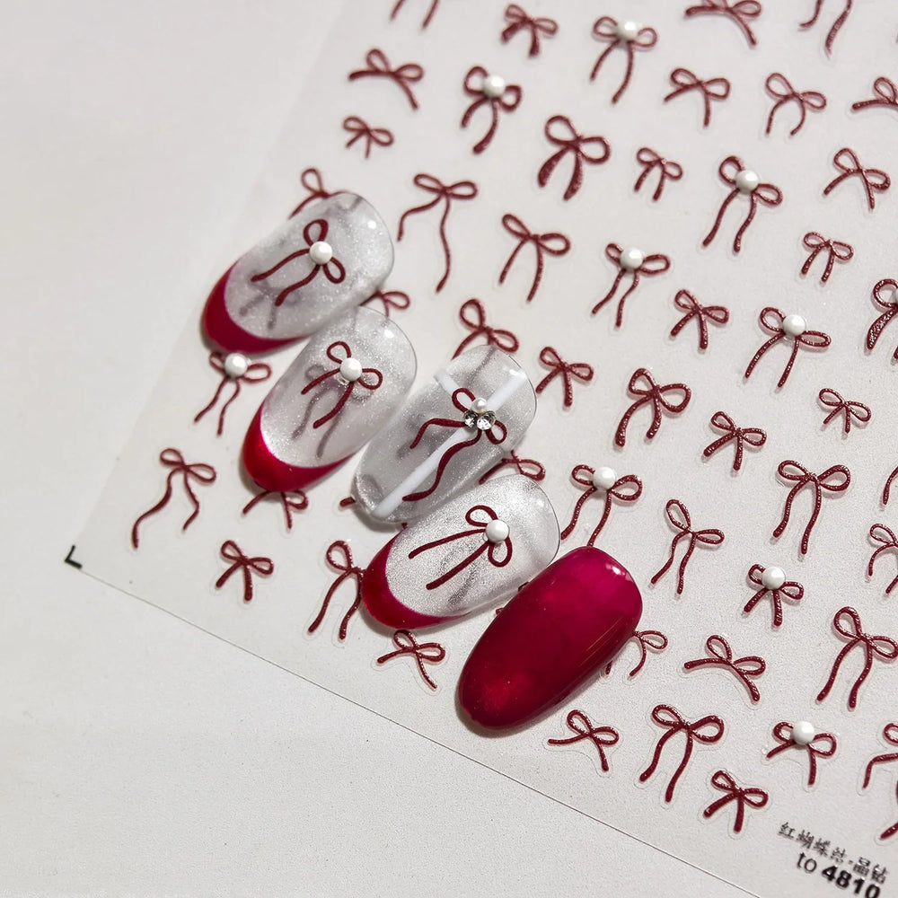 Chic Red Bowknot Silk Ribbon Pearl Elegant Line Self Adhesive Nail Art Stickers Dressy Rhinestone Manicure Decals Nail Supplies (Online Order Only)