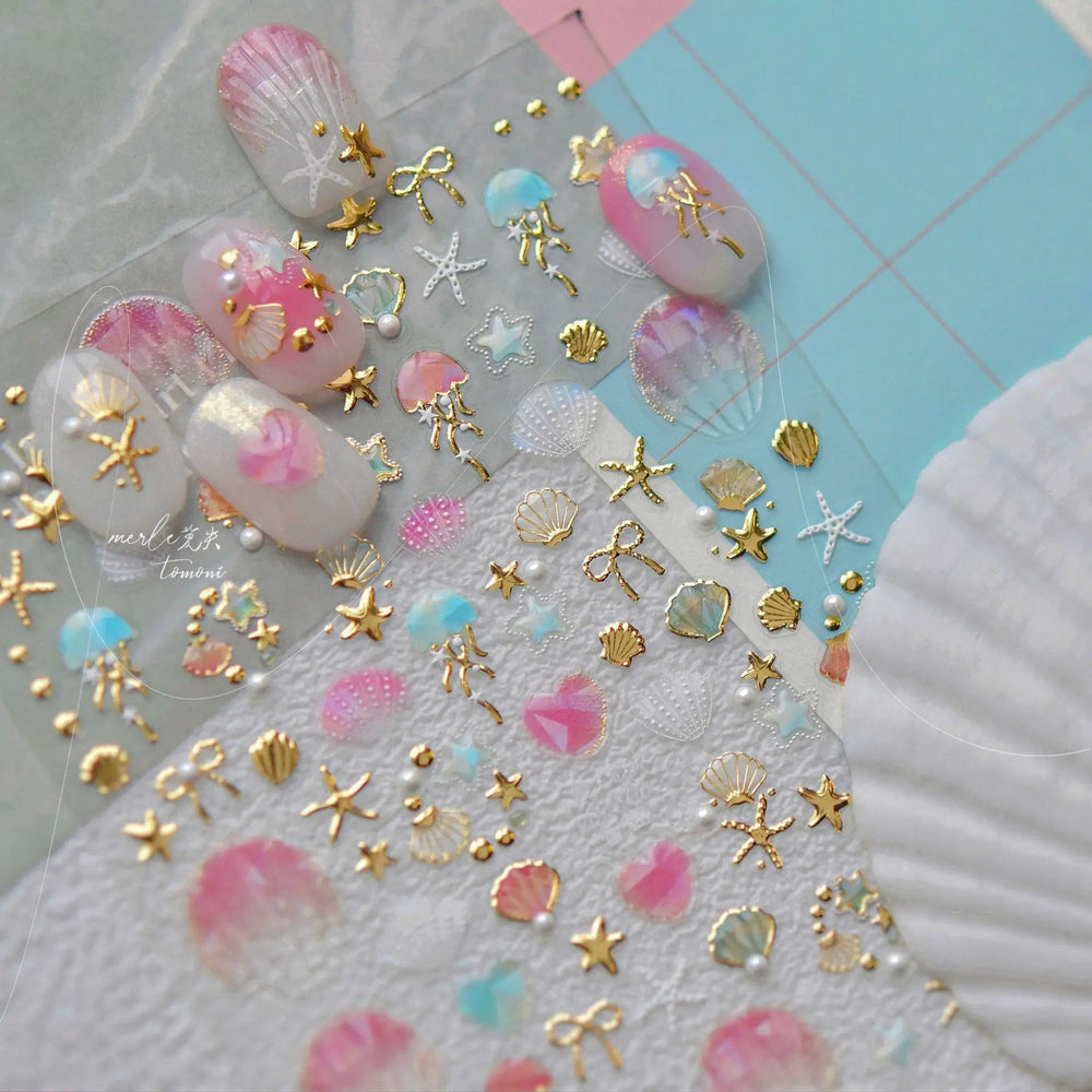 Dizzying Shell Coral Dolphin Starfish Heart Jellyfish Water Bubbles Ocean Adhesive Nail Art Decorations Stickers Manicure Decals (ONLINE ORDER ONLY)