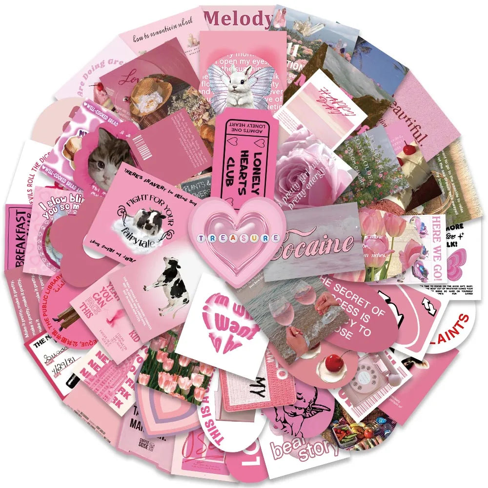 56pcs Vinyl Laptop Decals Pink Series Aesthetic City Daily Life Stickers For Luggage Guitar Phone Diary Waterproof Graffiti (Online Order Only)