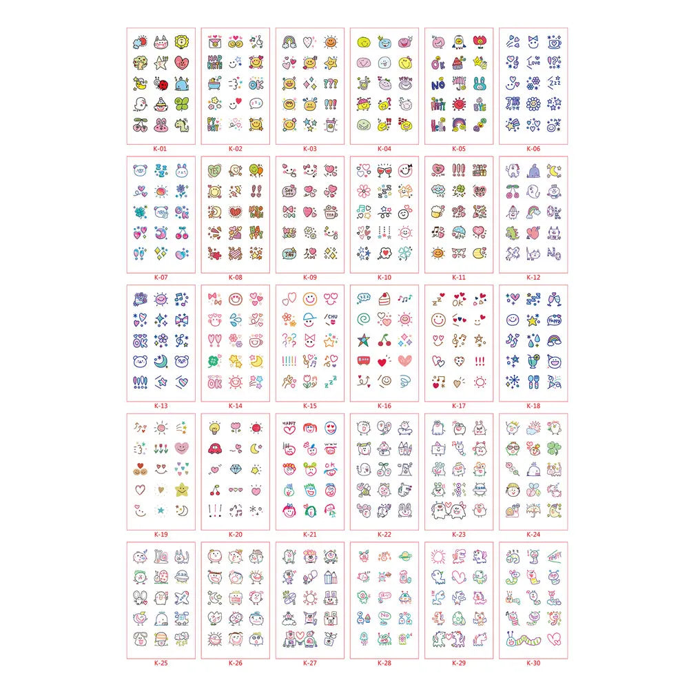 30 Sheets Cute Cartoon Temporary Tattoos for Hands Waterproof Tattoo Stickers for Children Rainbow Fruit Moon Fake Finger Tattoo (ONLINE ORDER ONLY)