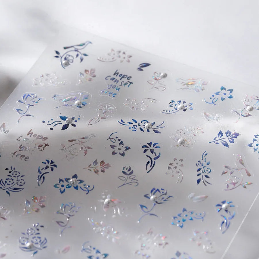Blue Flower Vivid Bird Hope Can Set You Free Magpie Leaf Pearl Letter Adhesive Nail Art Sticker Aesthetic Beauty Manicure Decal (ONLINE ORDER ONLY)