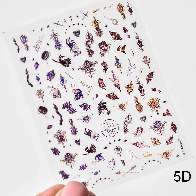 Retro Black Line Skull Man Woman 5D Embossed Relief Self Adhesive Nail Art Sticker Bear Bunny Hand Bird Horror 3D Manicure Decal (Online Order Only)