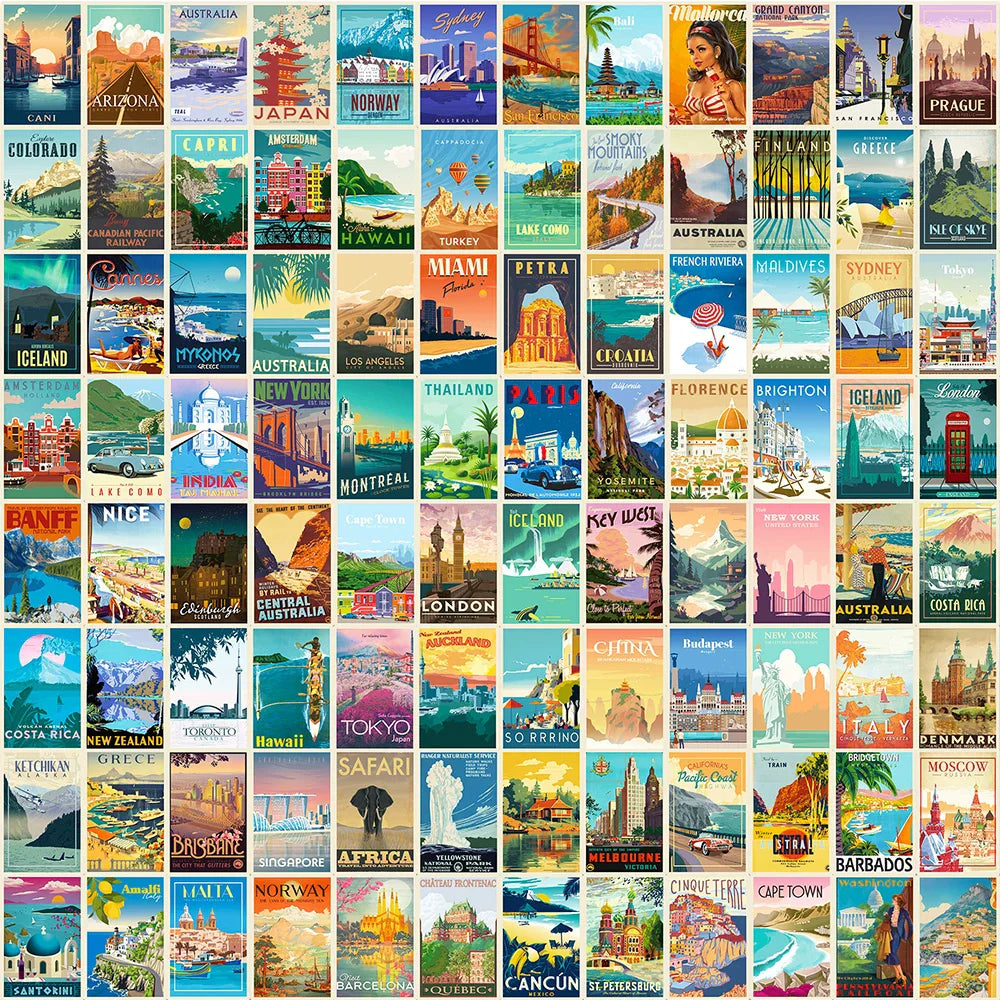 Vintage City Travel Stickers - Waterproof Laptop, Phone, Motorcycle, Suitcase, Car (25/50/100pcs) (Online Order Only)