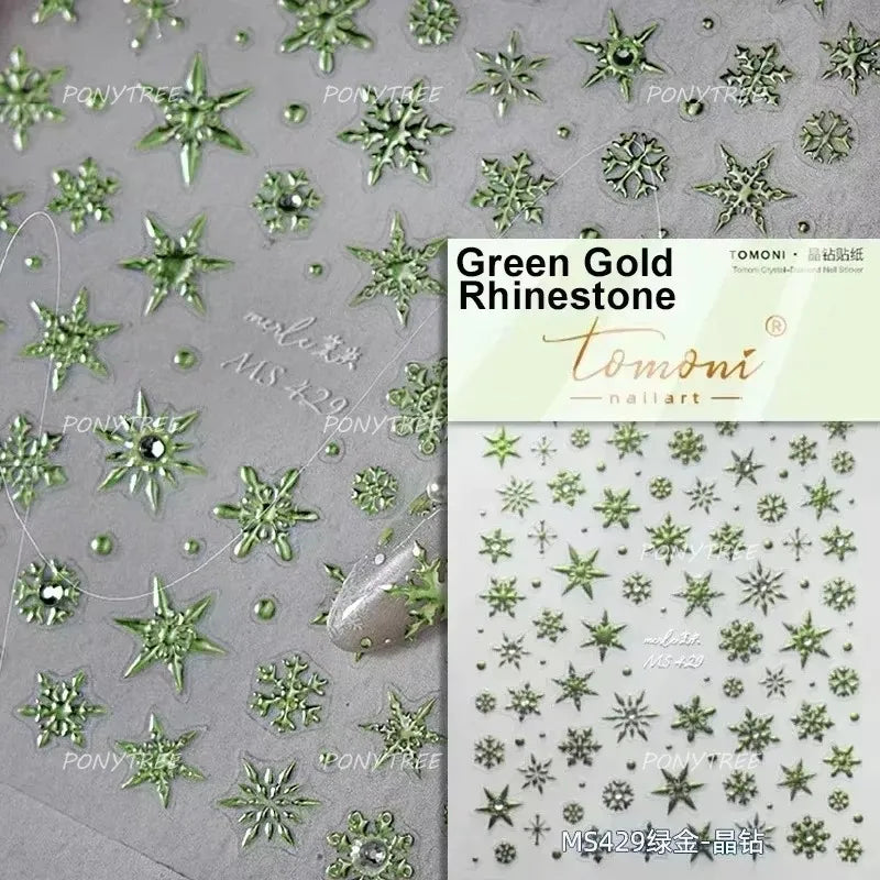 Shiny Snow Delicate Gold Pink Silver White Romantic Winter Self Adhesive Nail Art Stickers Snowflake Rhinestone Manicure Decals (ONLINE ORDER ONLY)