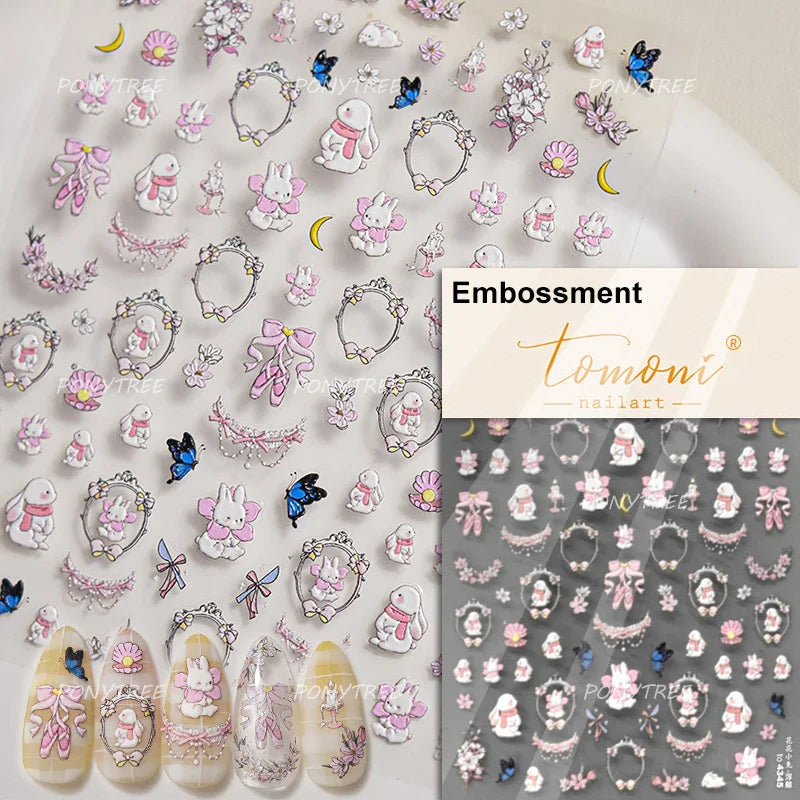 Peach Blossom Flower Yellow Rabbit Bunny Love Heart Delicate Totem 5D Self Adhesive Nail Art Stickers Rhinestone Manicure Decals (ONLINE ORDER ONLY)