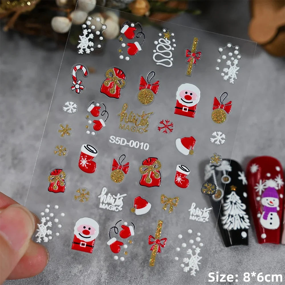Cute Deer Christmas Nail Stickers 5D Embossed Elk Star Gingerbread Man Snowflake Santa Claus Holly DIY Winter Engraved Manicure* (ONLINE ORDER ONLY)