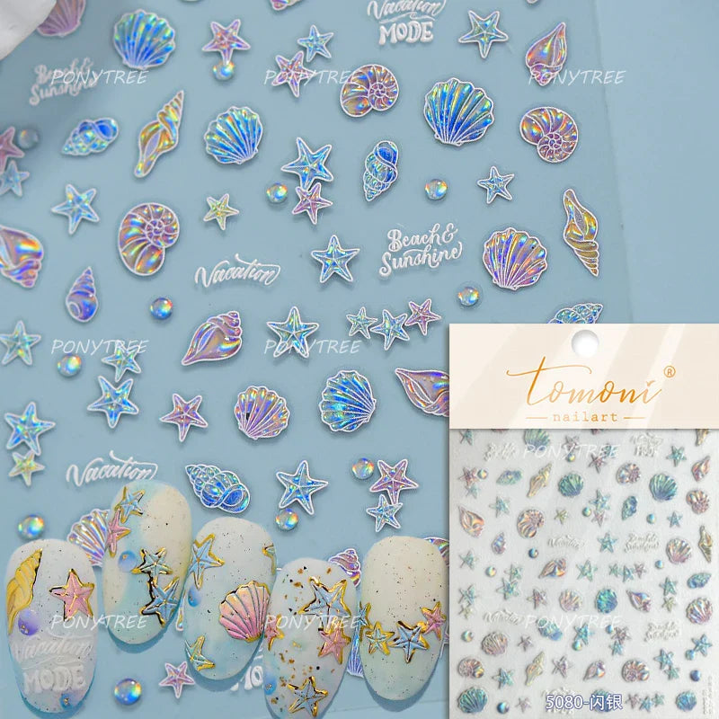 Dizzying Shell Coral Dolphin Starfish Heart Jellyfish Water Bubbles Ocean Adhesive Nail Art Decorations Stickers Manicure Decals (ONLINE ORDER ONLY)