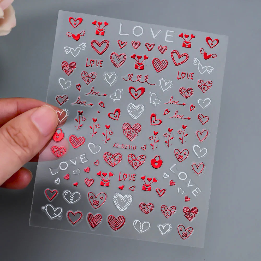 1PC Holographic Laser Heart Nail Stickers-3D Self-Adhesive Golden White Valentines Day Nail Decals For Women Nail Art Decoration (ONLINE ORDER ONLY)