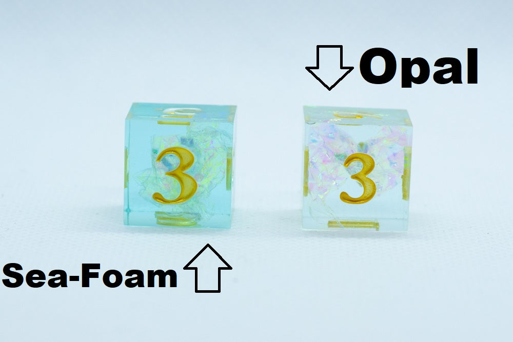 Sea-Foam Sharp Edge Resin 7-Dice Dice (Soft Blue w/ Gold Numbers) (Online Only)