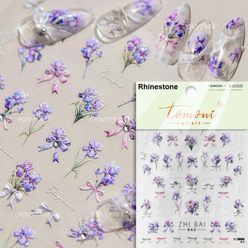 Rose Flower Bouquet Leaves Lace Bowknot Pearl Photo Frame Gird Embossed Reliefs Self Adhesive Nail Art Stickers Manicure Decals (ONLINE ORDER ONLY)