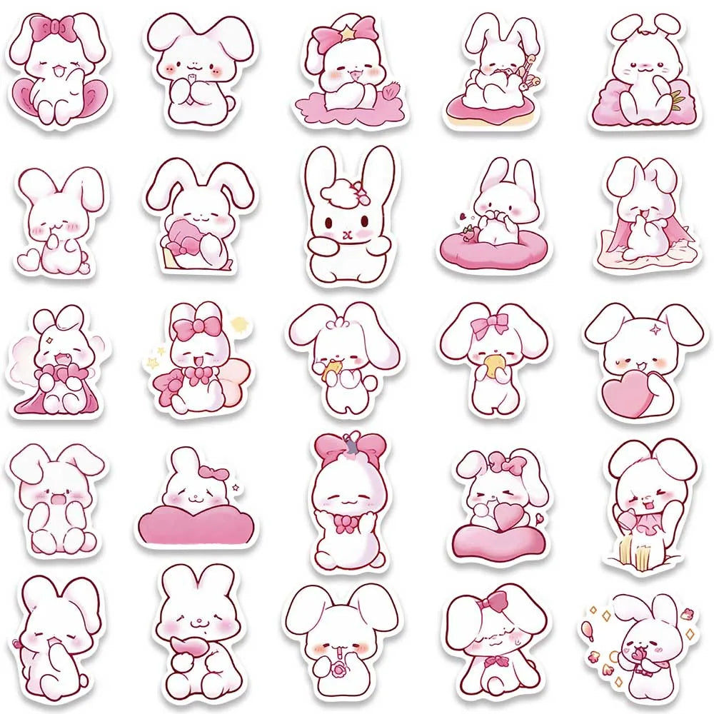 50pcs Cute Cartoon Pink Rabbits Stickers Pack For Skateboard Luggage Laptop Guitar Waterproof Graffiti Bicycle Phone Decals (ONLINE ORDER ONLY)