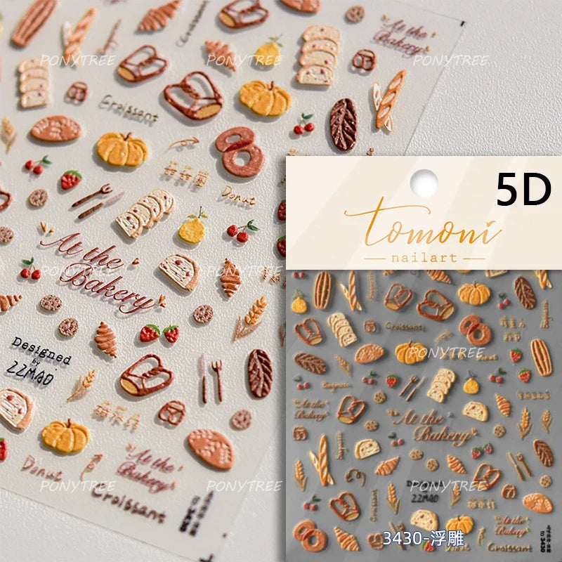 Cute Food Dog Baking Cookies Bread Rabbit Cheese Pudding Croissant Doughnut Adhesive Nail Art Decoration Sticker Manicure Decals (ONLINE ORDER ONLY)
