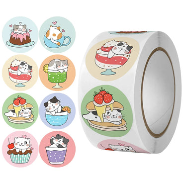 100-500pcs Cartoon Cat Stickers Round Adhesive Labels For Kids Children Teacher Prize Business Gift Wraps Decorative Stickers (ONLINE ORDER ONLY)
