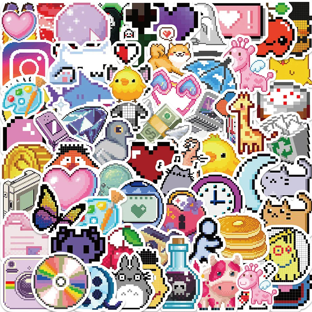 10/30/65PCS INS Style Cute Pixel Cartoon Aesthetic Stickers Laptop Phone Scrapbook Notebook DIY Luggage Graffiti Sticker Kid Toy (ONLINE ORDER ONLY)