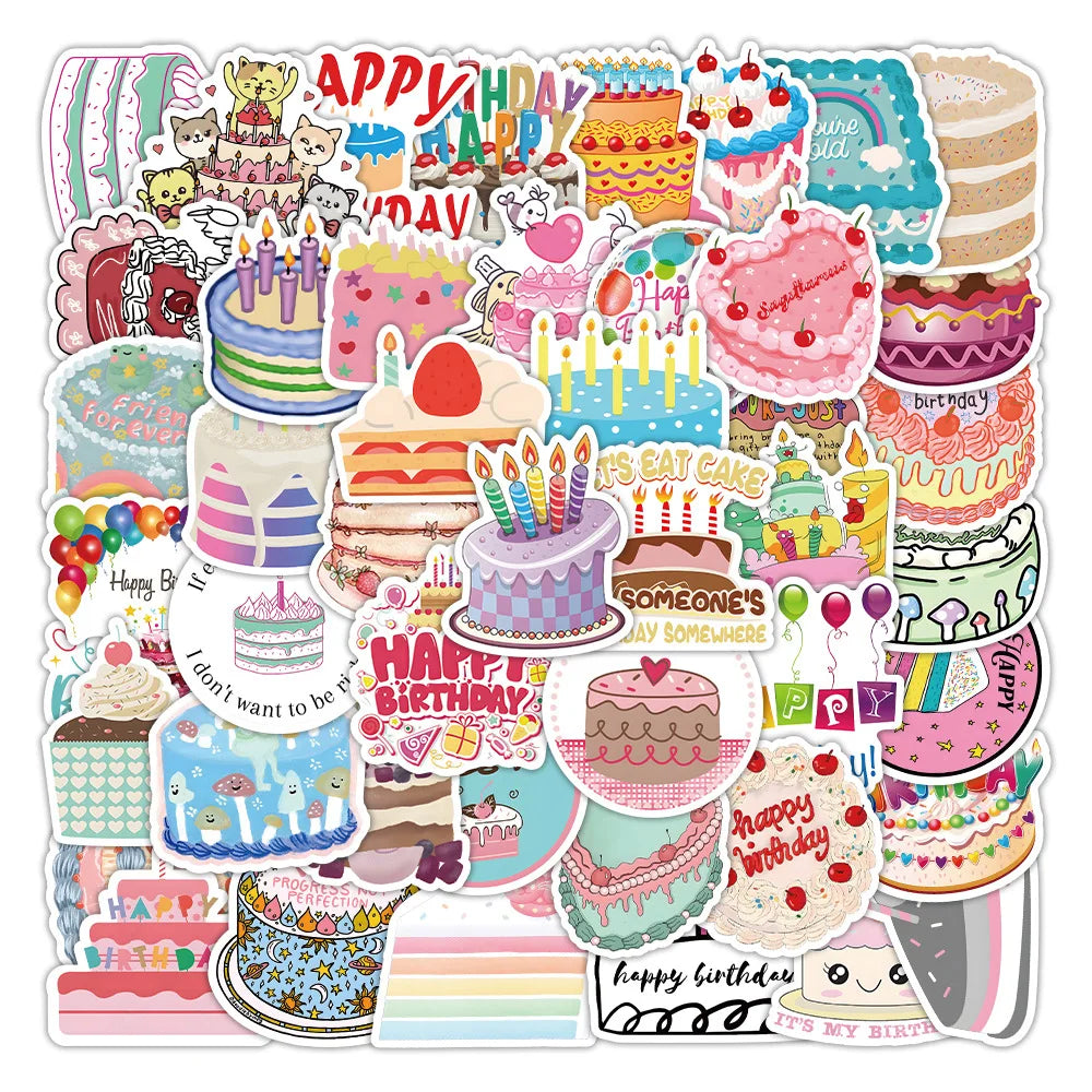 50pcs Cartoon Birthday Cake Stickers Waterproof for Laptop, Phone, Helmet, Luggage, Car, Notebook, Kids DIY Decor (Online Order Only)