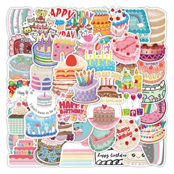 50pcs Cartoon Birthday Cake Stickers Waterproof for Laptop, Phone, Helmet, Luggage, Car, Notebook, Kids DIY Decor (Online Order Only)