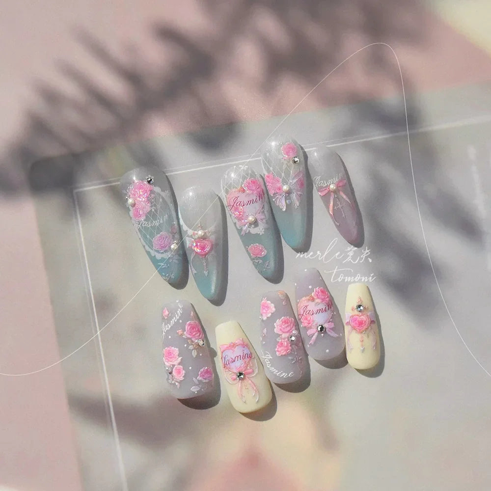Pink Rose Flower Rambler Heart Bowknot Butterfly Shiny Soft Relief Adhesive Nail Art Stickers Romantic Spring 3D Manicure Decals (ONLINE ORDER ONLY)