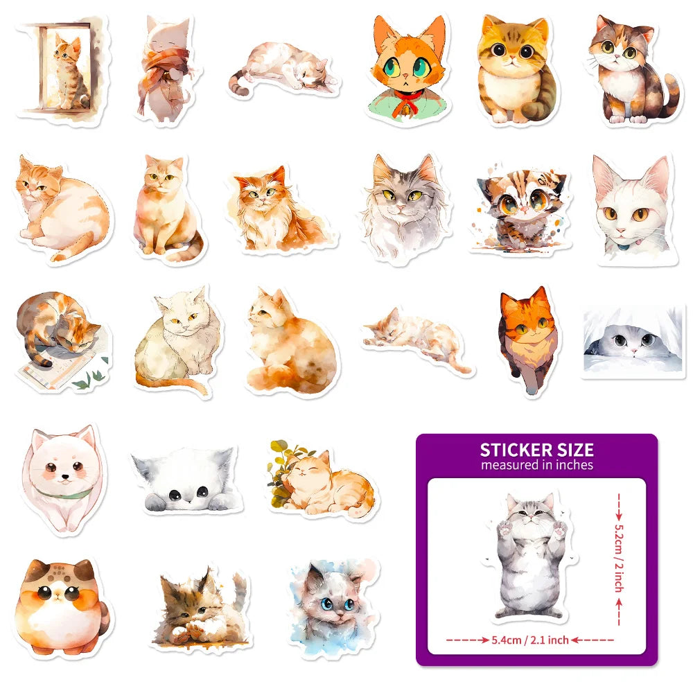 50Pcs Kawaii Painting Watercolor Cat Stickers Pack for Kids Cartoon Cute Graffiti Decals Scrapbooking Luggage Laptop Sticker (ONLINE ORDER ONLY)