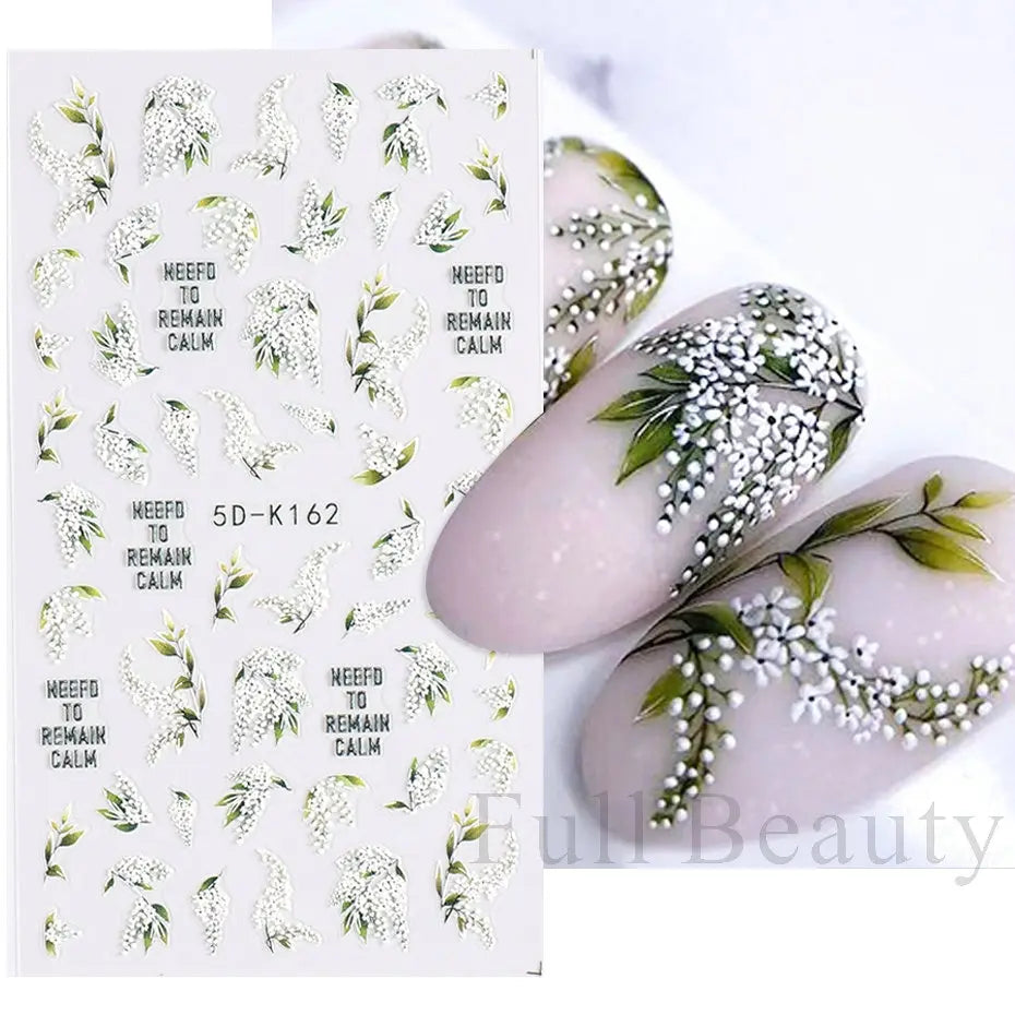 5D White Flower Embossed Nail Art Decals Bouquet Wedding Stickers Decoration Abstract Floral Leaf Dreamcatcher Sliders LA5D-K162 (Online Order Only)