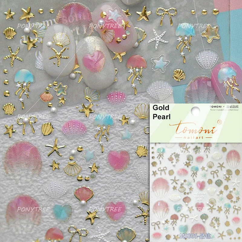 Shiny Colourful Marine Shell Starfish Ocean Elements Star Water Bubbles Star Conch Underwater Nail Art Stickers Manicure Decals (ONLINE ORDER ONLY)