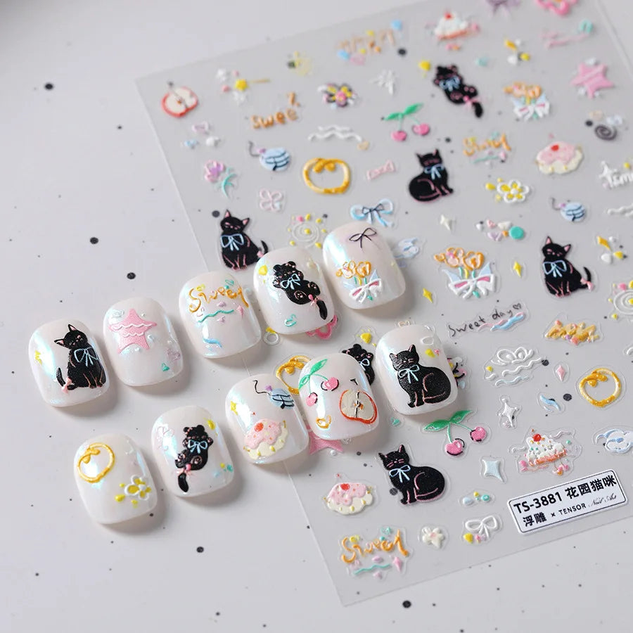 Cat Kitten Mewing Flower Star Bowknot Sweet Cherry Cake Food Line Sun Apple Heart Self Adhesive Nail Art Stickers Manicure Decal (Online Order Only)