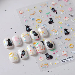 Cat Kitten Mewing Flower Star Bowknot Sweet Cherry Cake Food Line Sun Apple Heart Self Adhesive Nail Art Stickers Manicure Decal (Online Order Only)