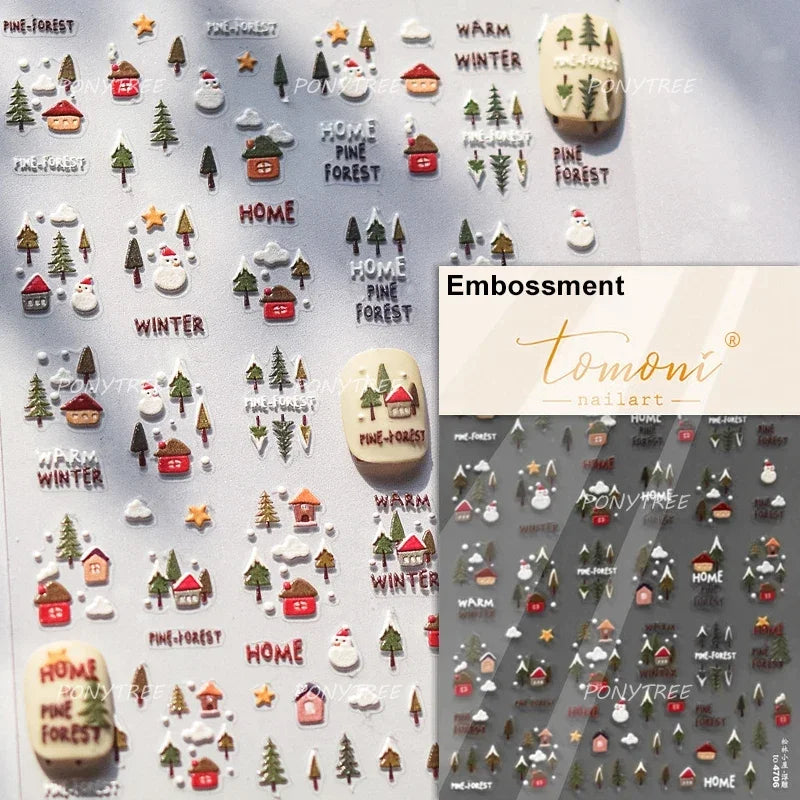 Snowman Tree House Cedar White Pine Forest Warm Winter Cloud Self Adhesive Nail Art Stickers Snowflake Star Snow Manicure Decals (ONLINE ORDER ONLY)