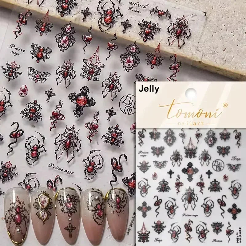Cat Eye Halloween Terror Spider Cross Rose Love Heart Flower Snake Web Candy Bunny Thrilling Nail Art Stickers Manicure Decals (Online Order Only)