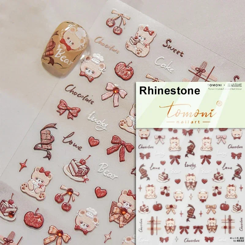 Charming Cherry's Cake Cute Bowknot Pink Blue Bear Flower Bouquet Strawberry Adhesive Nail Art Sticker Rhinestone Manicure Decal (Online Order Only)