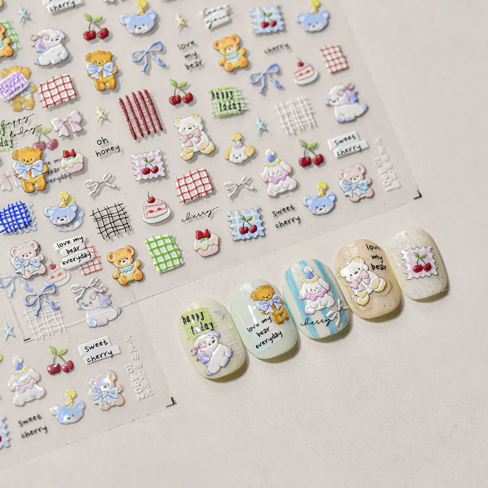 Cute Animals Bear Dog Cake Sweet Cherry Grid Bowknot Star Line Fruit Relief Self Adhesive Nail Art Stickers 3D Manicure Decals (ONLINE ORDER ONLY)