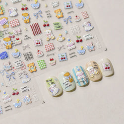 Cute Animals Bear Dog Cake Sweet Cherry Grid Bowknot Star Line Fruit Relief Self Adhesive Nail Art Stickers 3D Manicure Decals (ONLINE ORDER ONLY)