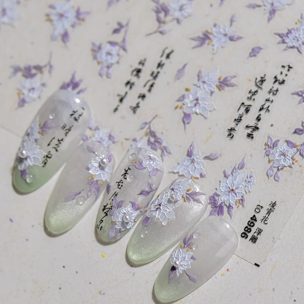 Trumpet Creeper White Flower Purple Leaves Antique Special Characters 5D Soft Relief Adhesive Nail Art Stickers Manicure Decals (ONLINE ORDER ONLY)